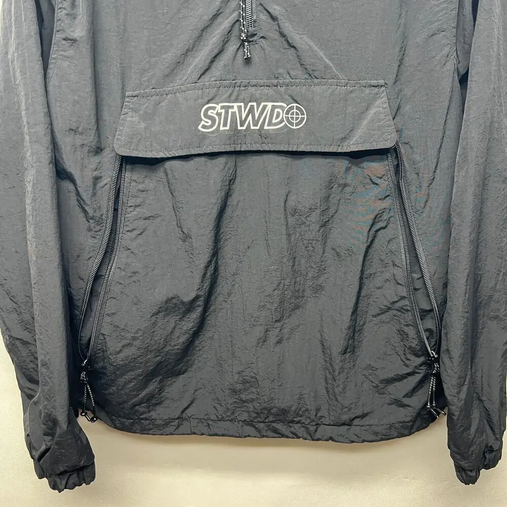 Pull&Bear Men's Black Windbraker Size XS Hooded 1/4 Zip Long Sleeves